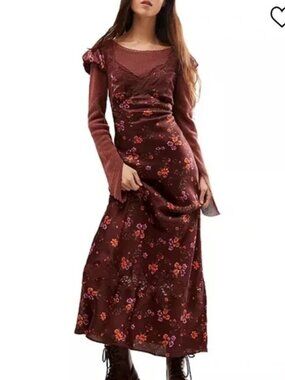 Free People Butterfly Babe Maxi Dress Womens XS Y2K Chocolate Brown Lace Satin